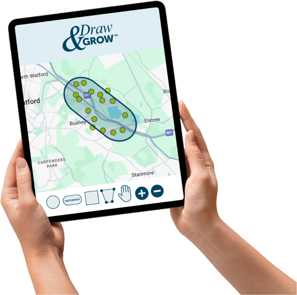 Image for PROSPECTManager CRM showing users on their tablet device using the Draw & Grow tool to identify and select locations to find new customers and build targeted prospect lists.